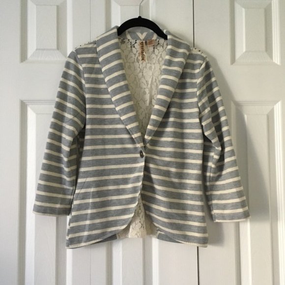 Light Gray Striped Blazer with Lace Back - Picture 1 of 8